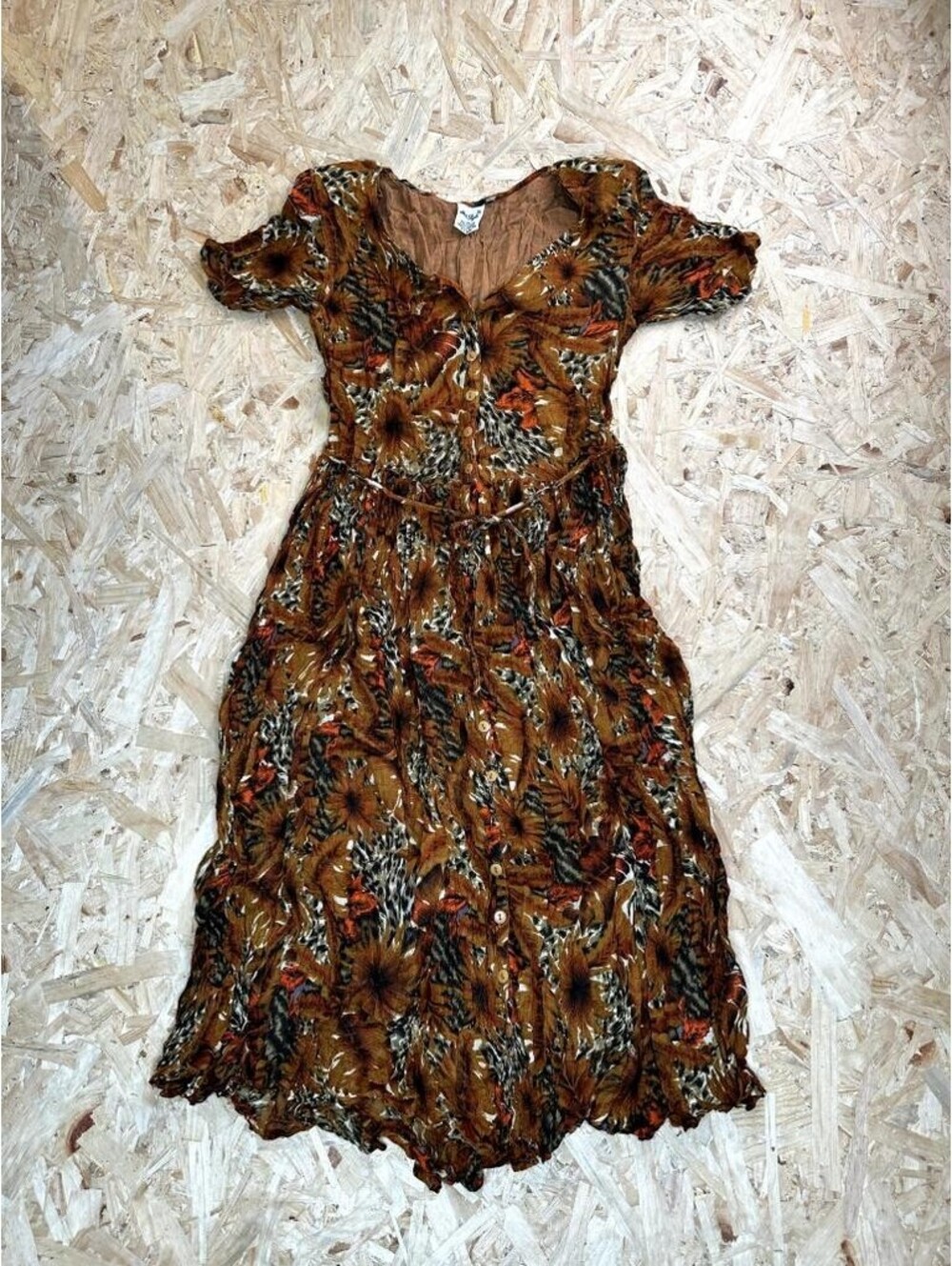 Her Style Vintage Cotton Midi Dress Womens Medium Brown Floral Animal Print